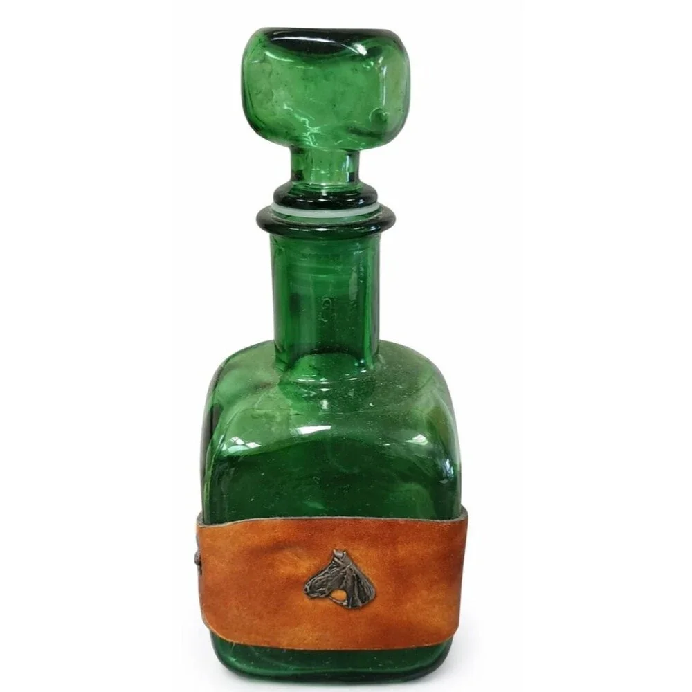Vintage Green Glass Decanter w/Embossed Leather Horse Motif Western 1950s-1970s